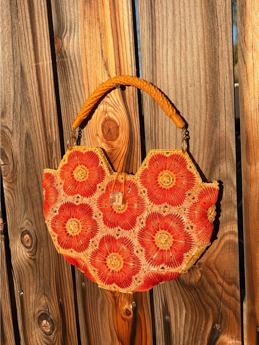 1960’s Vintage Handcrafted Orange Crochet Floral Women’s Top-Handle Bag